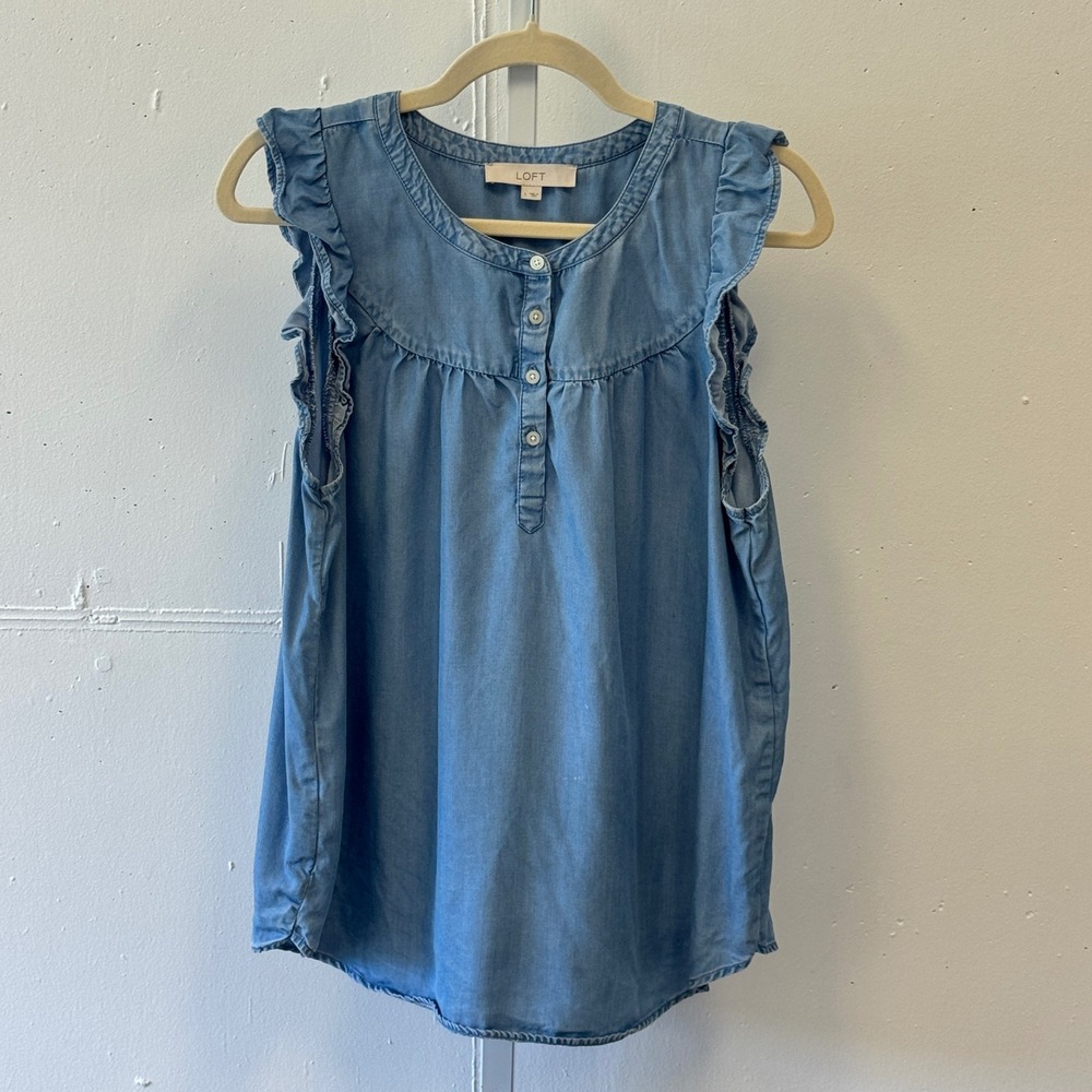 LOFT Blue Lyocell Chambray Ruffle Sleeve Henley Blouse Top Large Casual Office